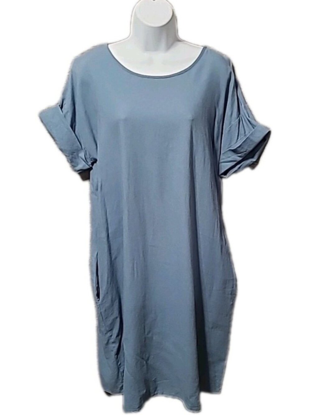 Womens Dress M Cuffed Short Sleeve‎ Linen Blend Blue Pockets Knee Blue Lagenlook